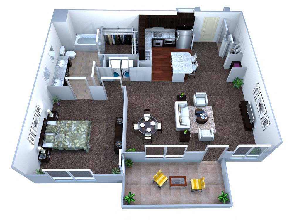 Floor plan for 1 bed, 1 bath, 937 sqft